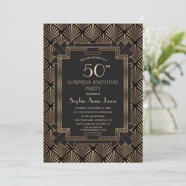 Convite Roaring 20's Great Gatsby Art Deco 50th Birthday  (Em pé/Frente)