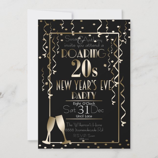 Convite Roaring 20s Retro Dourado Confetti Ano Novo (Frente)