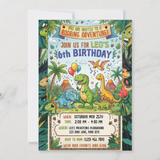 Convite Roaring Dinosaur Adventure 6th Birthday Party