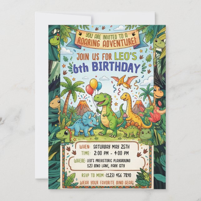 Convite Roaring Dinosaur Adventure 6th Birthday Party (Frente)