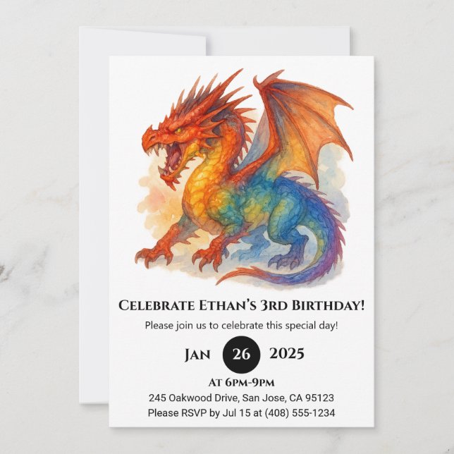 Convite Roaring Rainbow Dragon Birthday (Frente)