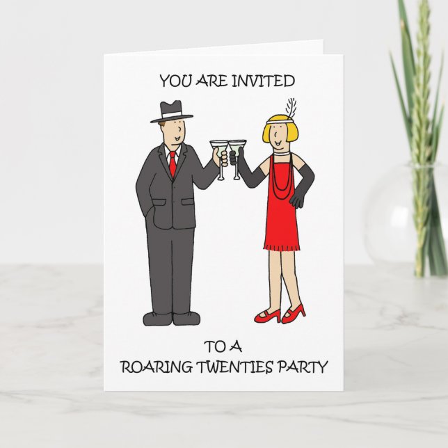 Convite Roaring Twenties Party Invitation, Cartoon Couple. (Frente)