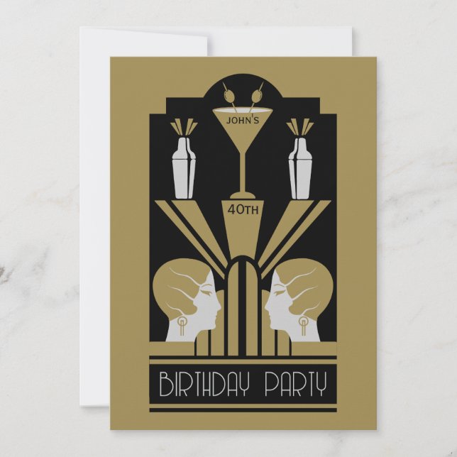 Convite Roaring Twties Art Deco Birthday (Frente)
