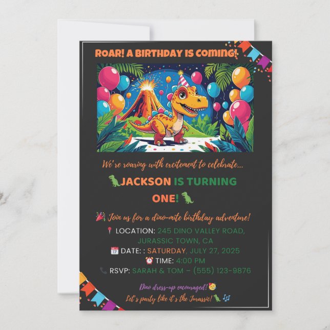 Convite Roarsome Dino Birthday Card – Editable (Frente)