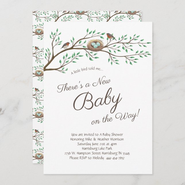 Convite Robin Bird Chá de fraldas Co-Ed Gênero Neutro (Frente/Verso)