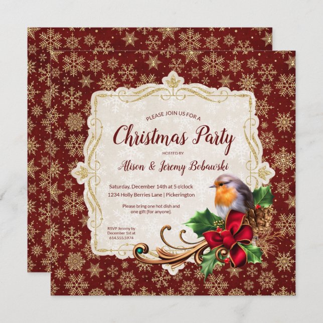 Convite Robin e Dourada Glitter Snowflakes Festa de Natal (Frente/Verso)