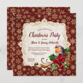 Convite Robin e Dourada Glitter Snowflakes Festa de Natal