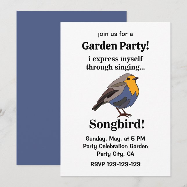 Convite Robin Redbreast Songbird Garden Party (Frente/Verso)