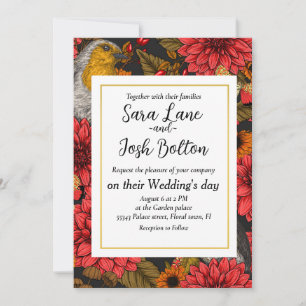 Convite Robins no jardim do outono, dahlias vermelhas em p