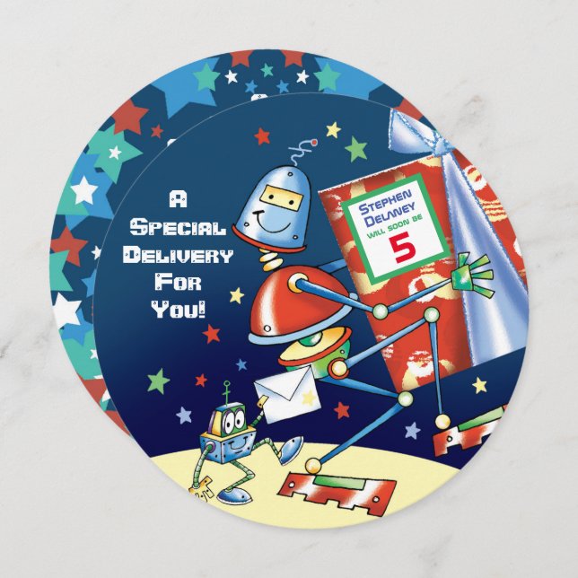 Convite Robô, entrega especial, Festa de aniversário de 5  (Frente/Verso)