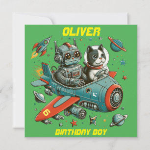 Convite Robô retrô personalizável e gato no espaço