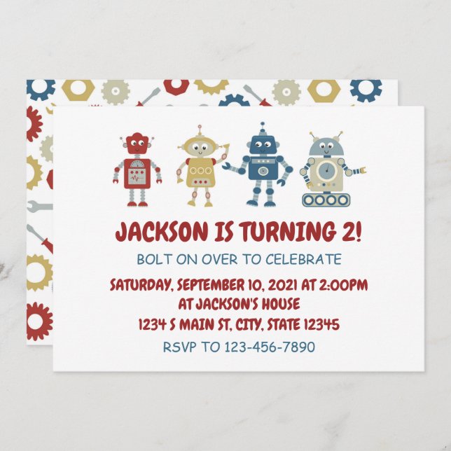 Convite Robot Birthday (Frente/Verso)