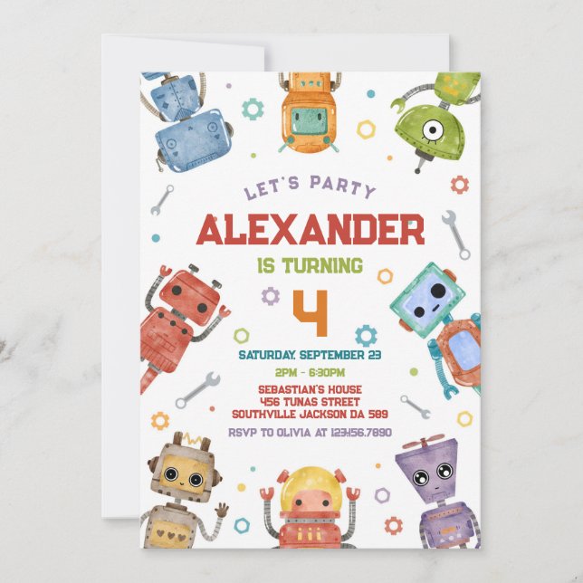 Convite Robot Kids Birthday Invitation (Frente)