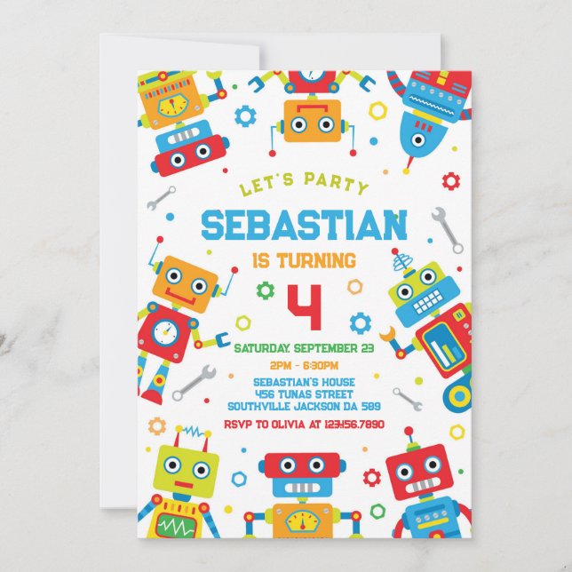 Convite Robot Kids Birthday Invitation (Frente)