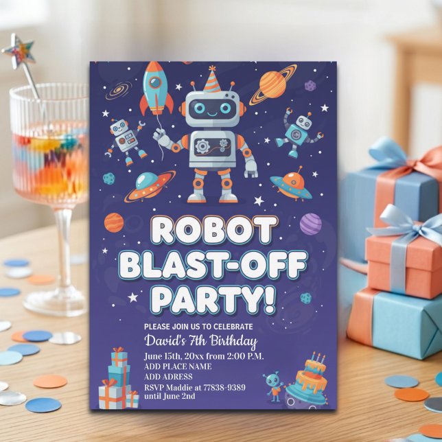 Convite Robots in Space 7th Birthday Party (Criador carregado)
