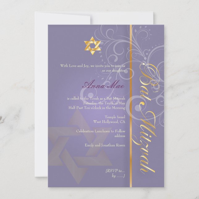 Convite Rochedos Bat Mitzvah/roxo/ouro (Frente)