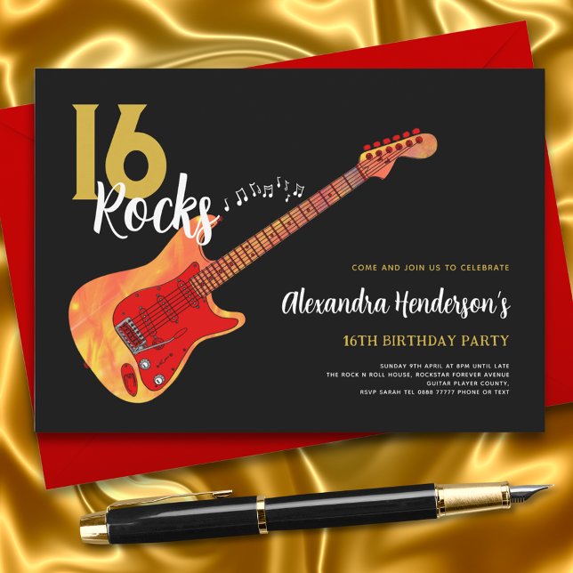 Convite Rock and Roll 16th festa de aniversário 16 rochas (16 rock electric guitar 16th birthday black and gold invitation)