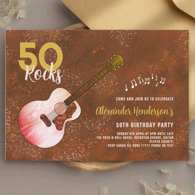 Convite Rock and Roll 50th Birthday Guitar Rustic Brown (50 Rocks Country Guitar 50th birthday party invitation gold and brown for him)