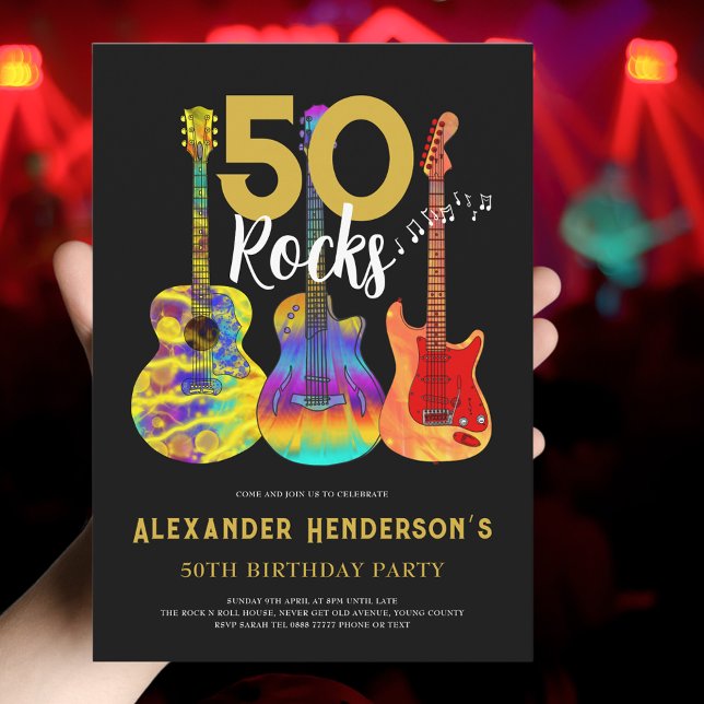 Convite Rock and Roll 50th Festa de aniversário (50 Rocks birthday party invitation funky psychedelic guitar cool gold and black rockstar theme)