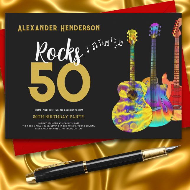 Convite Rock and Roll 50th festa de aniversário (Rock and roll guitar black and gold 50th birthday party invitation )