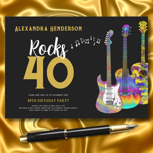 Convite Rock and Roll do aniversário de 40 anos (guitar music black and gold 40th birthday party invitation )
