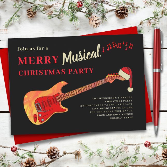Convite Rock and Roll Felry Festa de Natal (Rock and roll merry musical Christmas party music themed invitation guitarist musician band)