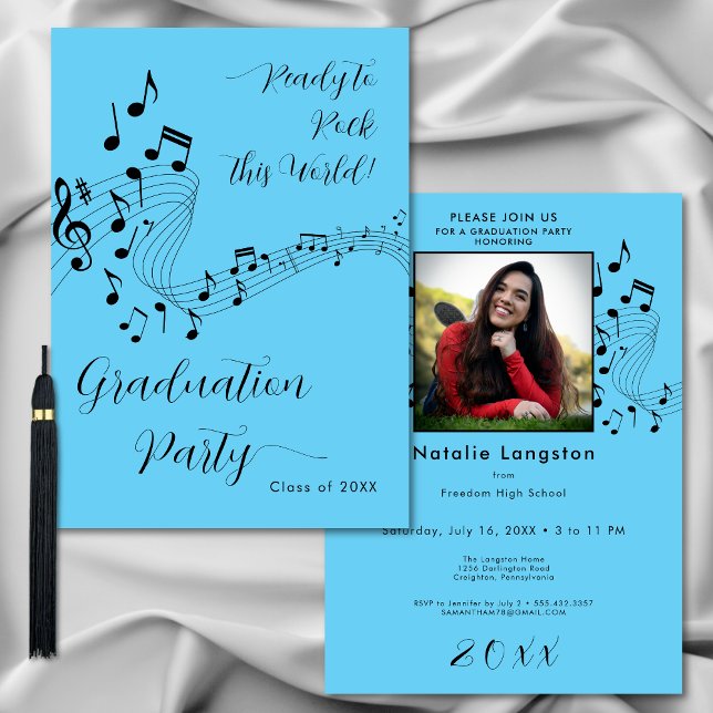 Convite Rock Music Black & Blue Photo Festa de formatura (Rock Music Black & Blue Photo Graduation Party Invitation)