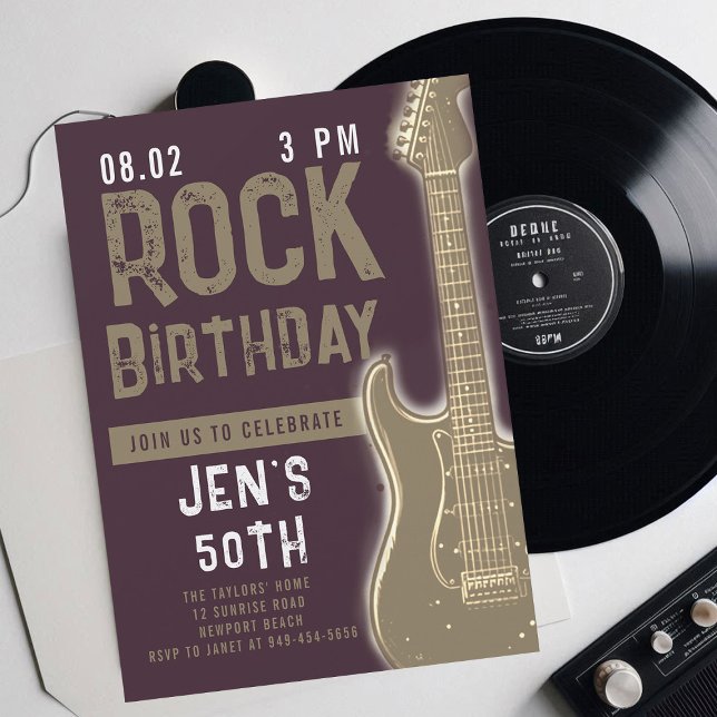 Convite Rock Music Guitar Adult Grunge Aniversário (music musician rock adult birthday party invitation women modern purple gold electric guitar modern)