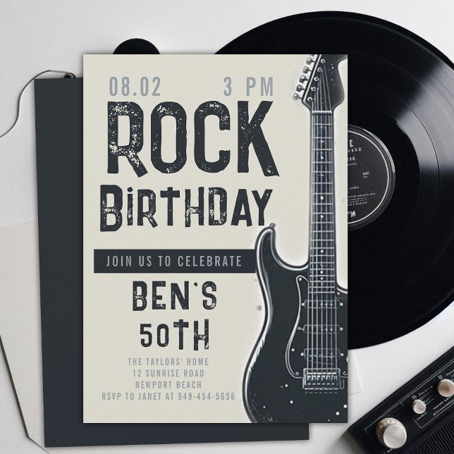 Convite Rock Music Músico Violão Adulto Negro Aniversário (music musician rock adult birthday party invitation women modern fun black electric guitar modern)