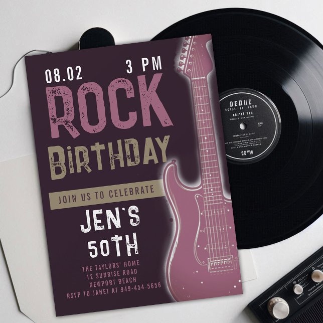 Convite Rock Music Músico Violão Adulto Roxo Aniversário (music musician rock adult birthday party invitation women modern purple maroon electric guitar)