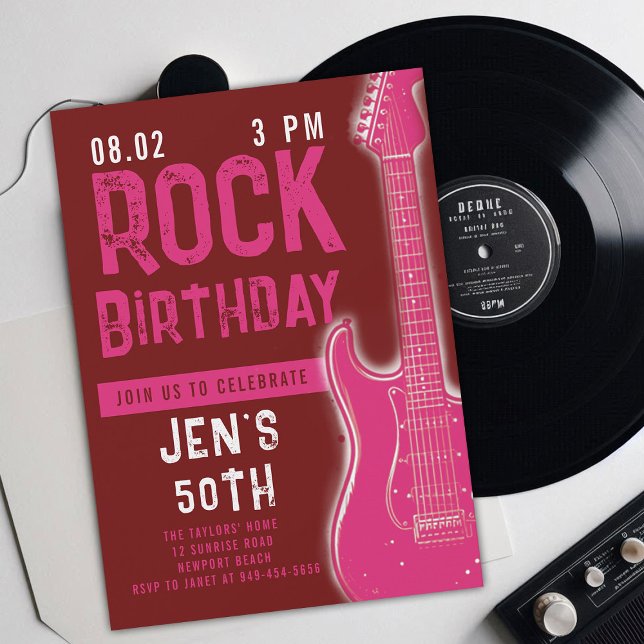 Convite Rock Musical Guitar Adult Pink Aniversário (music musician rock adult birthday party invitation women modern fun pink electric guitar modern)