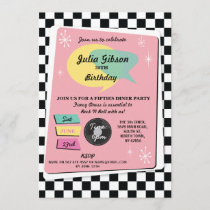 Convite Rock N Roll 1950s Aniversário Retro Invite