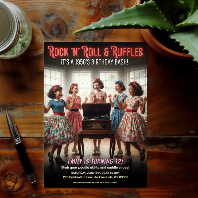 Convite Rock 'n' Roll Ruffles 1950s Birthday Party (Criador carregado)