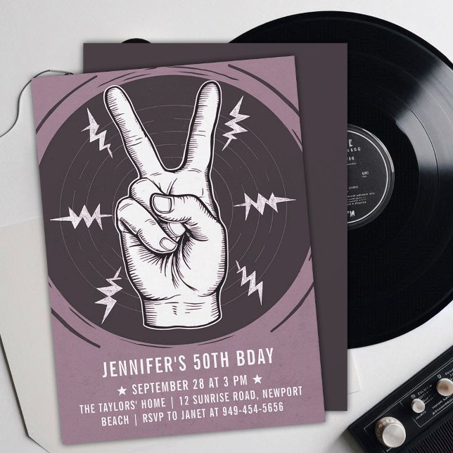 Convite Rock Party Peace Sign Pink Adult Moderno Birday (music musician rock adult birthday party invitation men modern lavender pink peace sign drawing)
