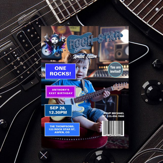 Convite Rock Star "One Rocks"! Primeiro aniversario Cobrir (Rock Star "One Rocks!" Magazine Cover 1st Birthday Invitation)