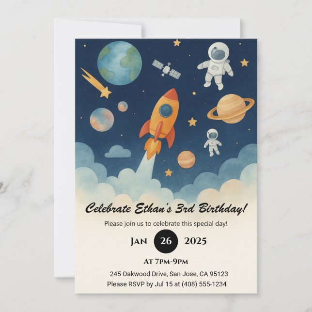 Convite Rocket and Astronaut Space Adventure Birthday  (Frente)