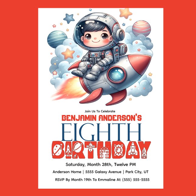 Convite Rocket Astronaut Boy's 8th Birthday (Space astronaut boy riding rocket 8th birthday party invitation with planets and stars
)
