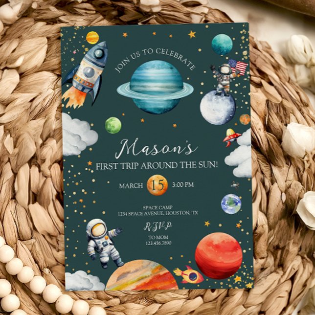 Convite Rocket & Astronaut First Trip Around the Sun Space (Criador carregado)