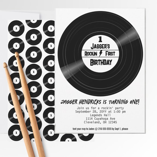 Convite Rockin First Birday Vinyl Record Black and White (Rock and roll 1st birthday vinyl record invitation. )