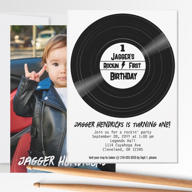 Convite Rockin First Birthday Photo Vinyl Record B&W (Rock n roll first birthday vinyl record photo invitation. )