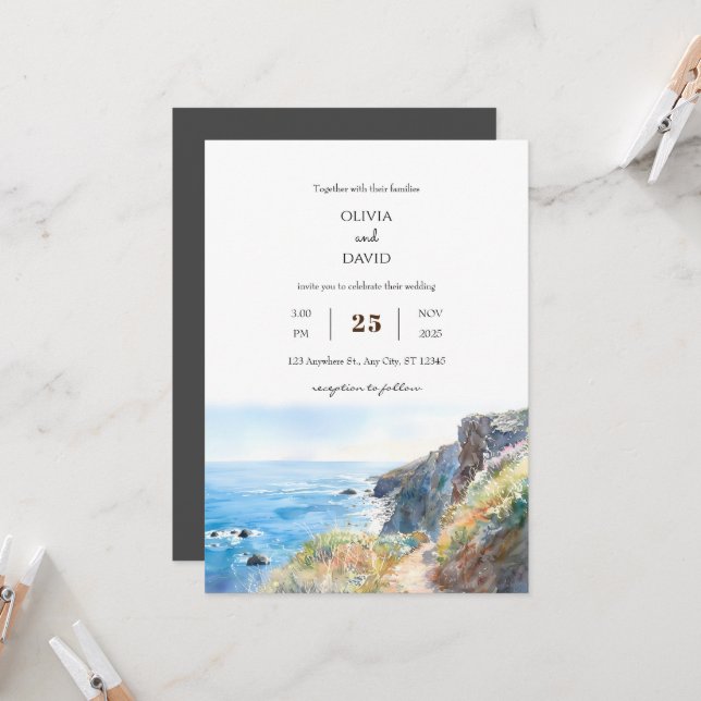 Convite Rocky Cliff Trail Blue Ocean Waves Beach Casamento (Frente/Verso In Situ)
