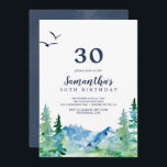 Convite Rocky Mountain aniversário de 30 anos<br><div class="desc">Este convite à aniversário de 30 anos Rocky Mountain é perfeito para uma festa de aniversário ao ar livre. O design apresenta uma paisagem de natureza selvagem pintada,  azul e verde,  com pinheiros de aquarela,  pássaros e montanhas.</div>