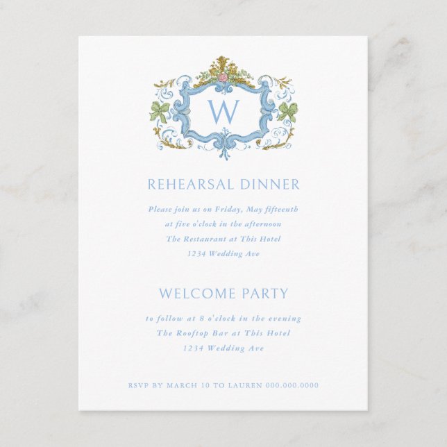 Convite Rococo Blue Monogram Crest Rehearsal Dinner (Frente)