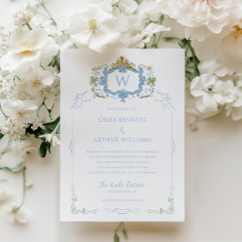 Convite Rococo Blue Monogram Crest Wedding