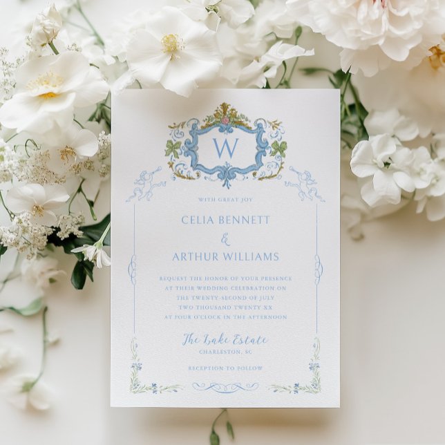 Convite Rococo Blue Monogram Crest Wedding (Criador carregado)