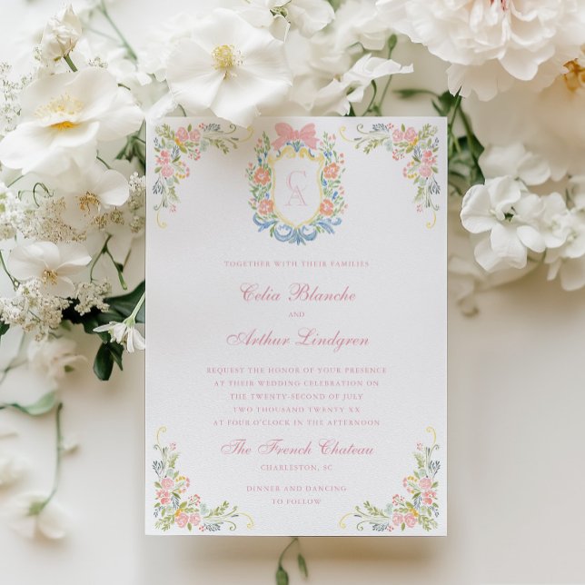 Convite Rococo Floral Monogram Crest Wedding (Criador carregado)