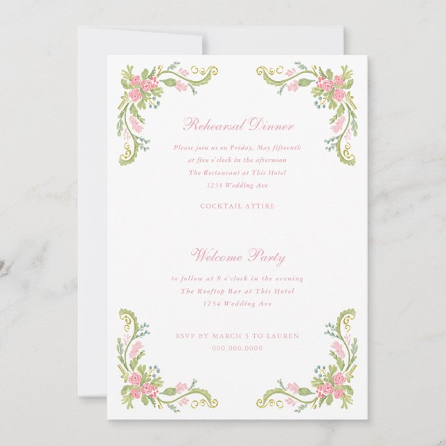 Convite Rococo Ornate Floral Border Rehearsal Dinner (Frente)