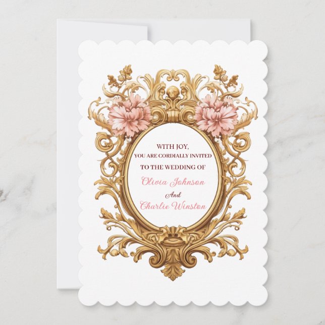 Convite Rococo Royal Wedding Blush Florals Golden Scrolls (Frente)