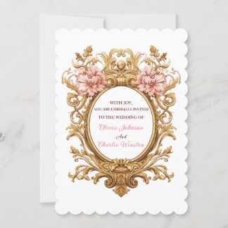 Convite Rococo Royal Wedding Blush Florals Golden Scrolls