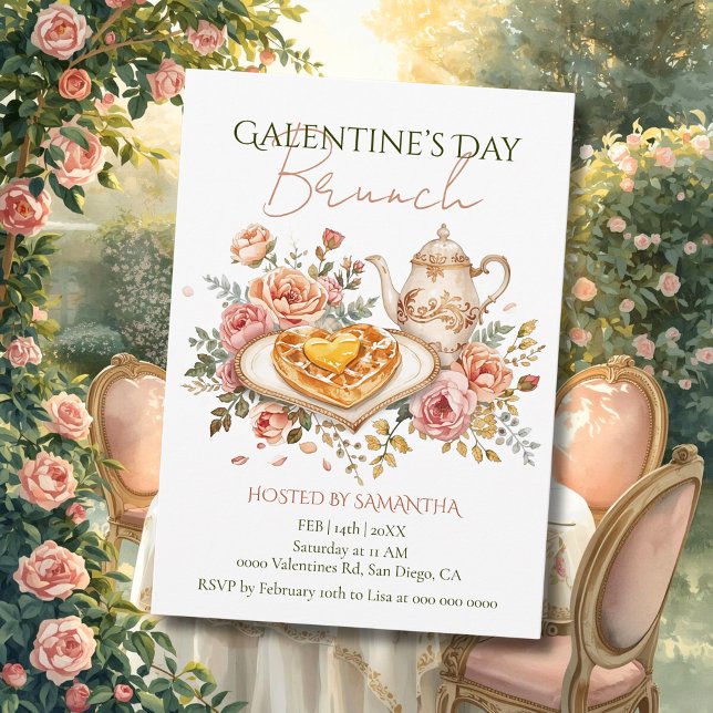 Convite Rococo Tea Heart Waffle Galentine Brunch Florals (Criador carregado)
